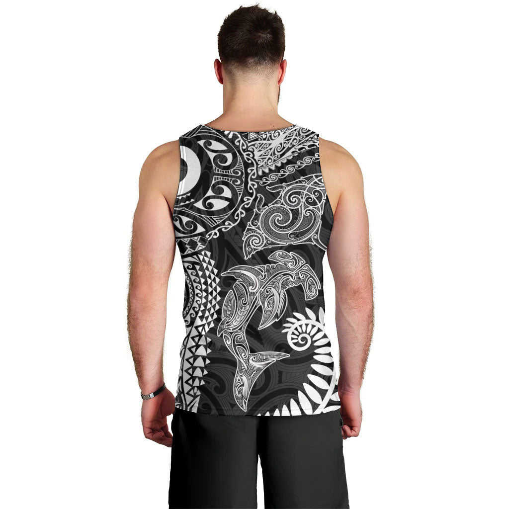 Aotearoa Maori Sea Animals Tribal Men Tank Top Manta Ray and Shark Moko Pattern Black Color LT03 - Polynesian Pride