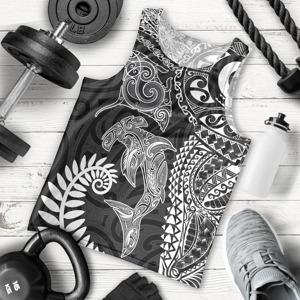 Aotearoa Maori Sea Animals Tribal Men Tank Top Manta Ray and Shark Moko Pattern Black Color LT03 - Polynesian Pride