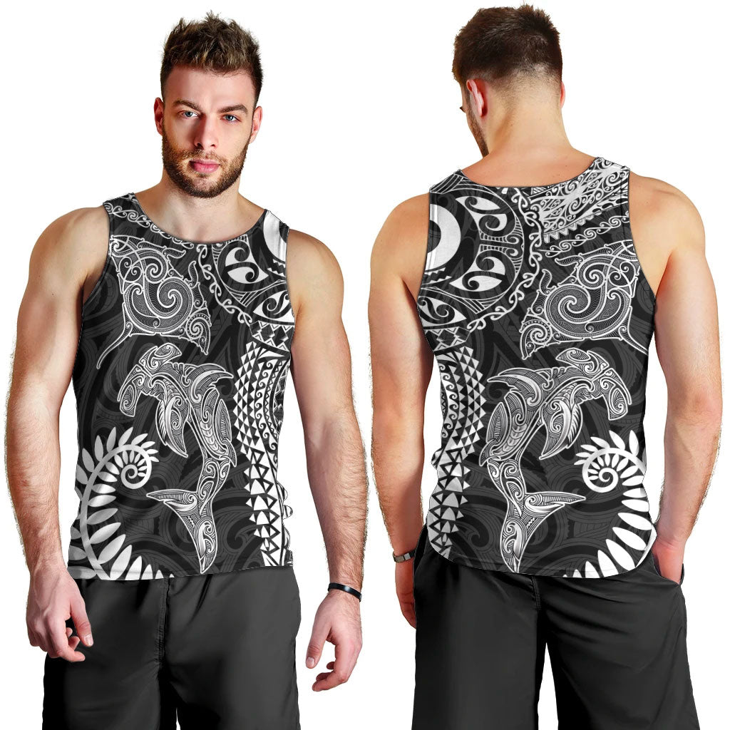 Aotearoa Maori Sea Animals Tribal Men Tank Top Manta Ray and Shark Moko Pattern Black Color LT03 - Polynesian Pride
