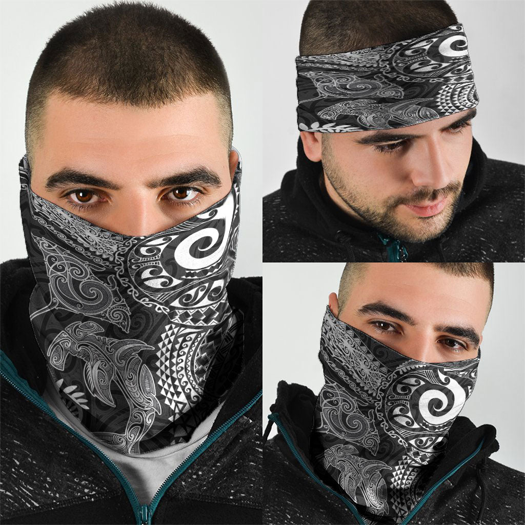 Aotearoa Maori Sea Animals Tribal Neck Gaiter Manta Ray and Shark Moko Pattern Black Color