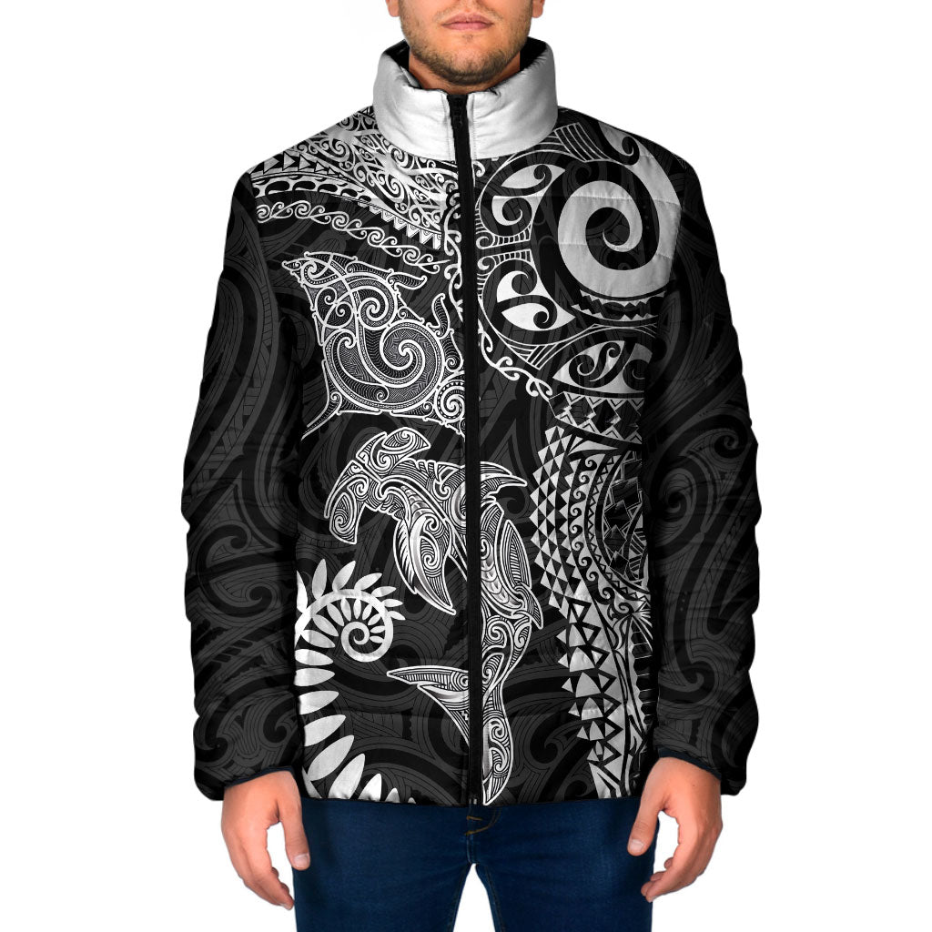Aotearoa Maori Sea Animals Tribal Padded Jacket Manta Ray and Shark Moko Pattern Black Color LT03 Men Black - Polynesian Pride