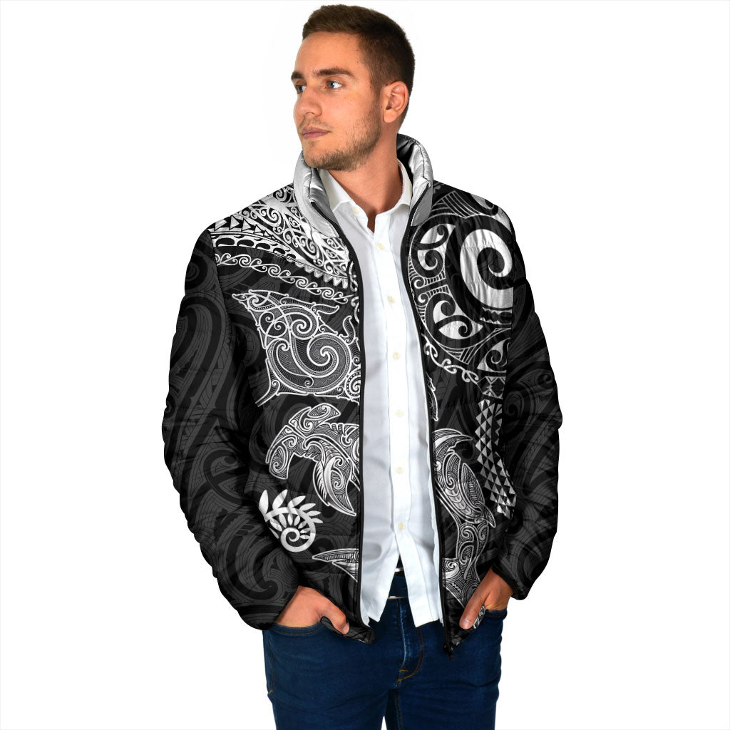 Aotearoa Maori Sea Animals Tribal Padded Jacket Manta Ray and Shark Moko Pattern Black Color