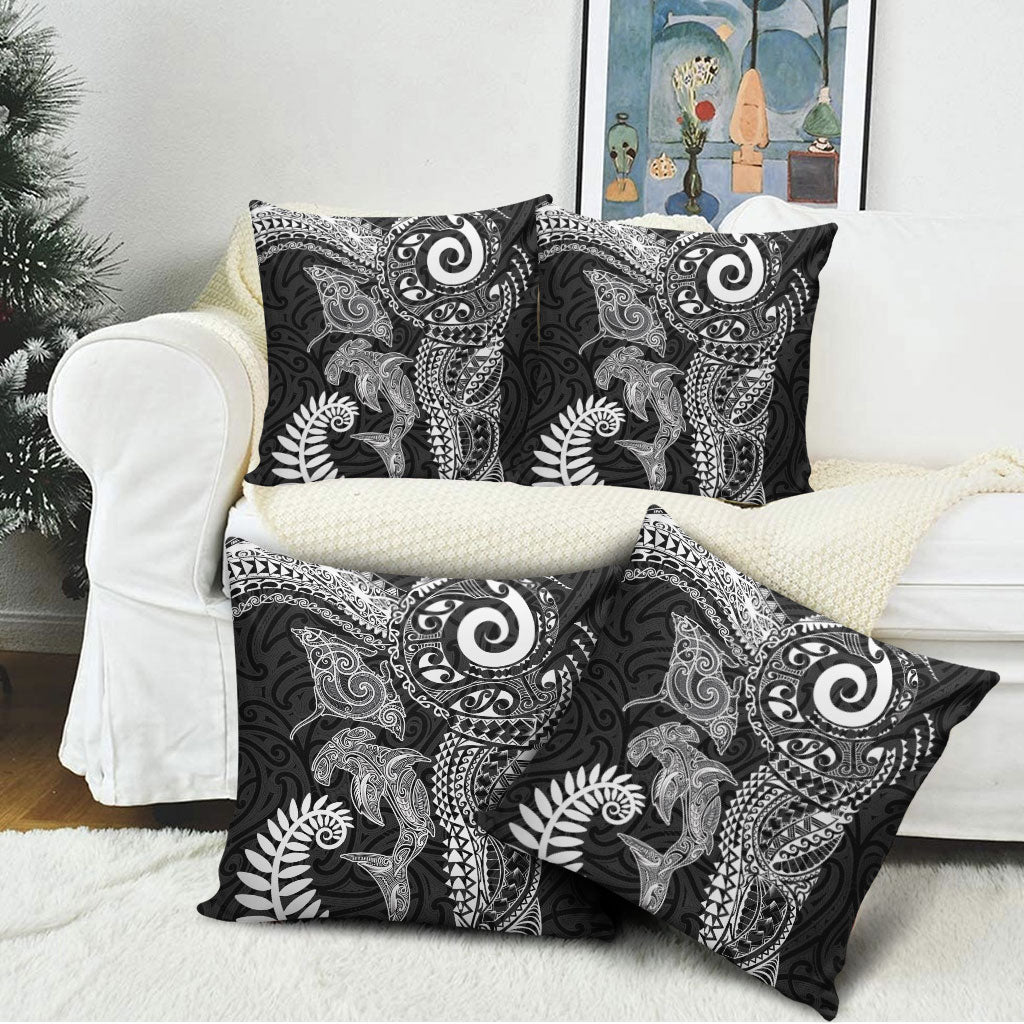Aotearoa Maori Sea Animals Tribal Pillow Cover Manta Ray and Shark Moko Pattern Black Color