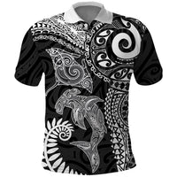 Aotearoa Maori Sea Animals Tribal Polo Shirt Manta Ray and Shark Moko Pattern Black Color LT03 Black - Polynesian Pride