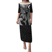 Aotearoa Maori Sea Animals Tribal Puletasi Manta Ray and Shark Moko Pattern Black Color