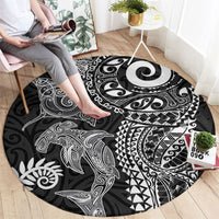 Aotearoa Maori Sea Animals Tribal Round Carpet Manta Ray and Shark Moko Pattern Black Color