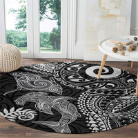 Aotearoa Maori Sea Animals Tribal Round Carpet Manta Ray and Shark Moko Pattern Black Color