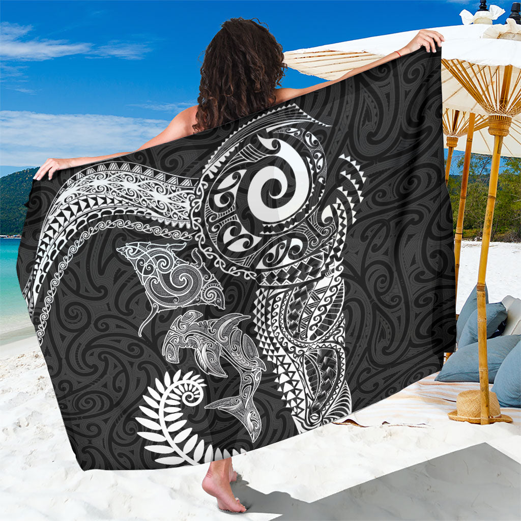 Aotearoa Maori Sea Animals Tribal Sarong Manta Ray and Shark Moko Pattern Black Color