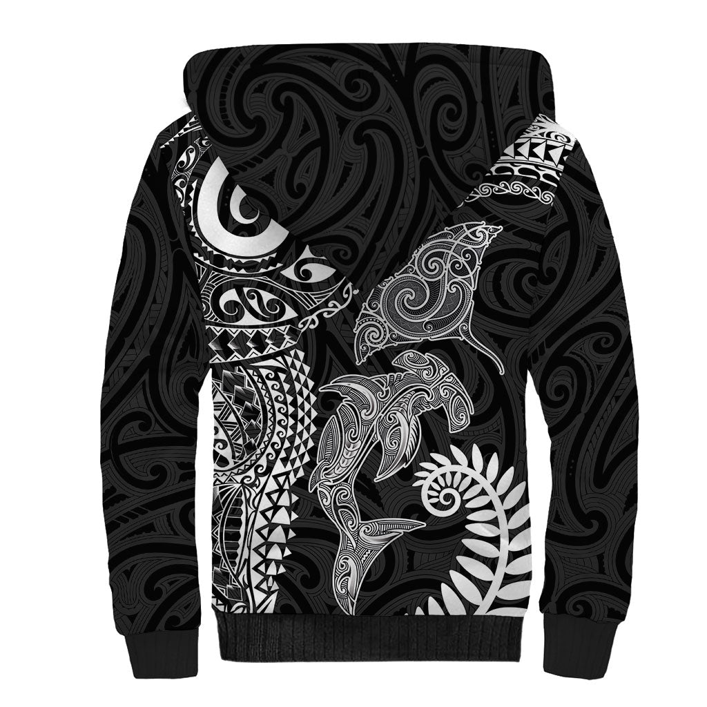 Aotearoa Maori Sea Animals Tribal Sherpa Hoodie Manta Ray and Shark Moko Pattern Black Color LT03 - Polynesian Pride