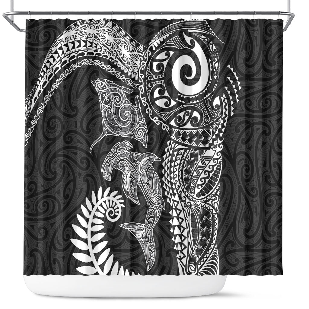 Aotearoa Maori Sea Animals Tribal Shower Curtain Manta Ray and Shark Moko Pattern Black Color LT03 Black - Polynesian Pride