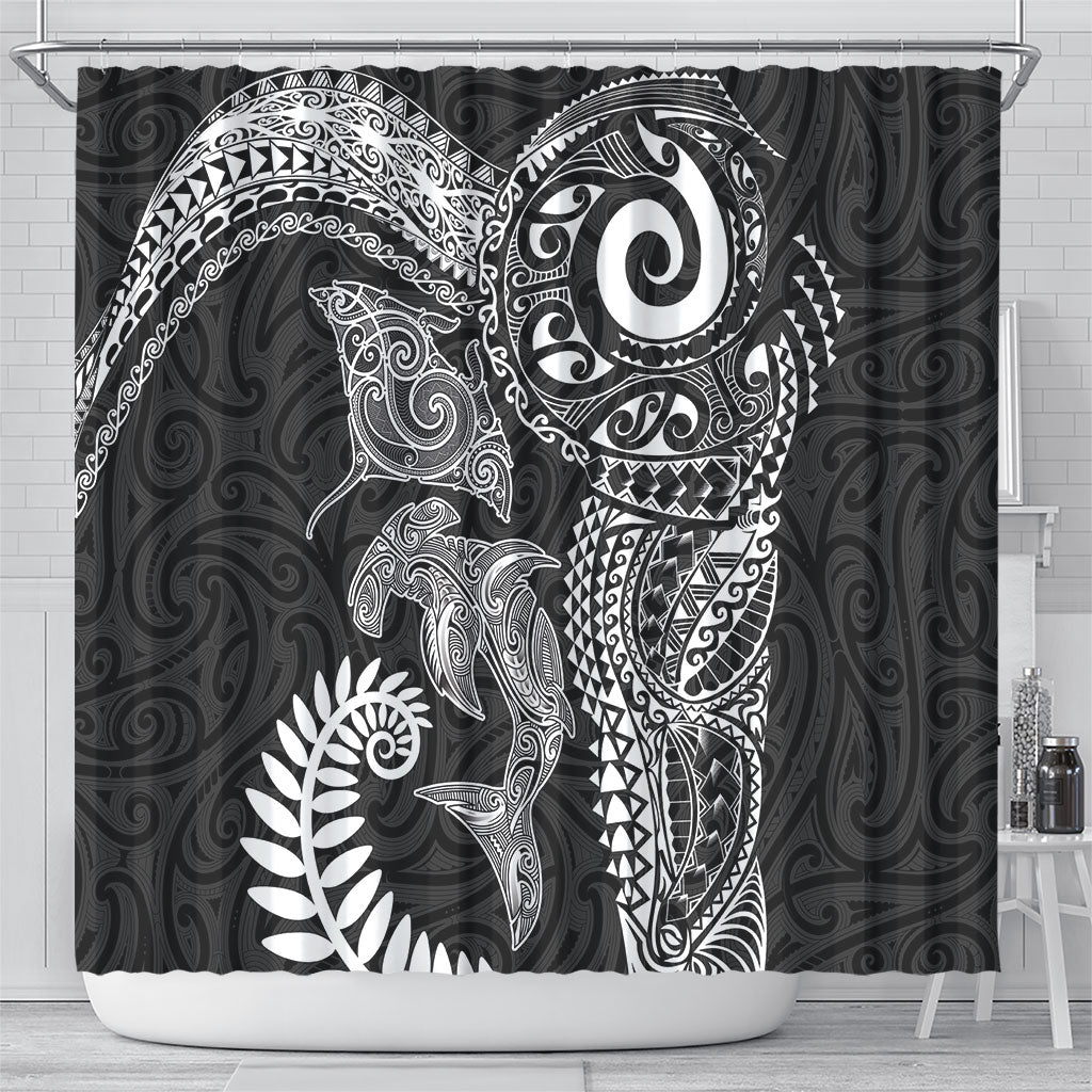 Aotearoa Maori Sea Animals Tribal Shower Curtain Manta Ray and Shark Moko Pattern Black Color LT03 - Polynesian Pride