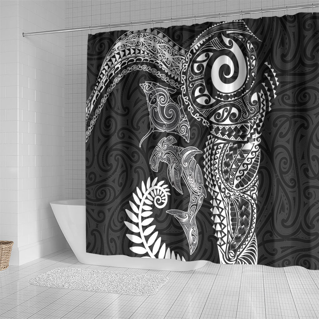 Aotearoa Maori Sea Animals Tribal Shower Curtain Manta Ray and Shark Moko Pattern Black Color LT03 - Polynesian Pride