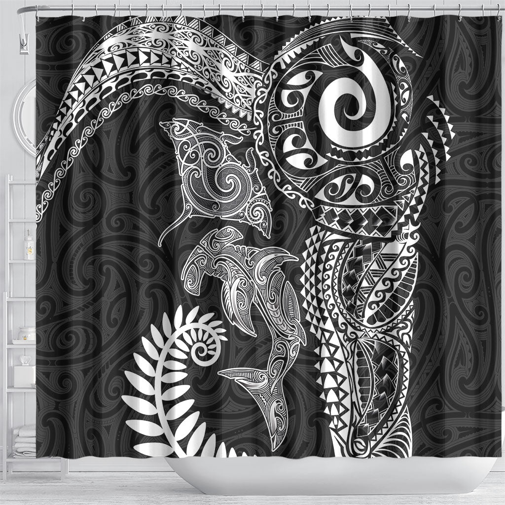 Aotearoa Maori Sea Animals Tribal Shower Curtain Manta Ray and Shark Moko Pattern Black Color LT03 - Polynesian Pride