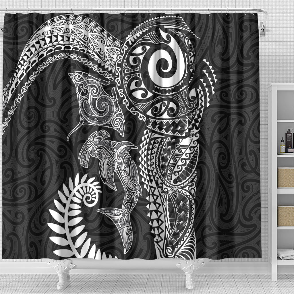 Aotearoa Maori Sea Animals Tribal Shower Curtain Manta Ray and Shark Moko Pattern Black Color LT03 - Polynesian Pride