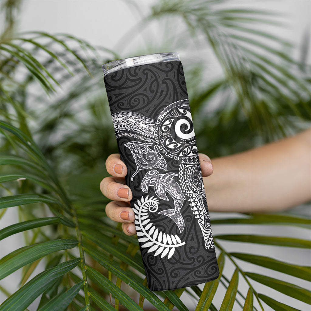 Aotearoa Maori Sea Animals Tribal Skinny Tumbler Manta Ray and Shark Moko Pattern Black Color LT03 - Polynesian Pride