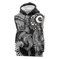 Aotearoa Maori Sea Animals Tribal Sleeveless Hoodie Manta Ray and Shark Moko Pattern Black Color LT03 Black - Polynesian Pride