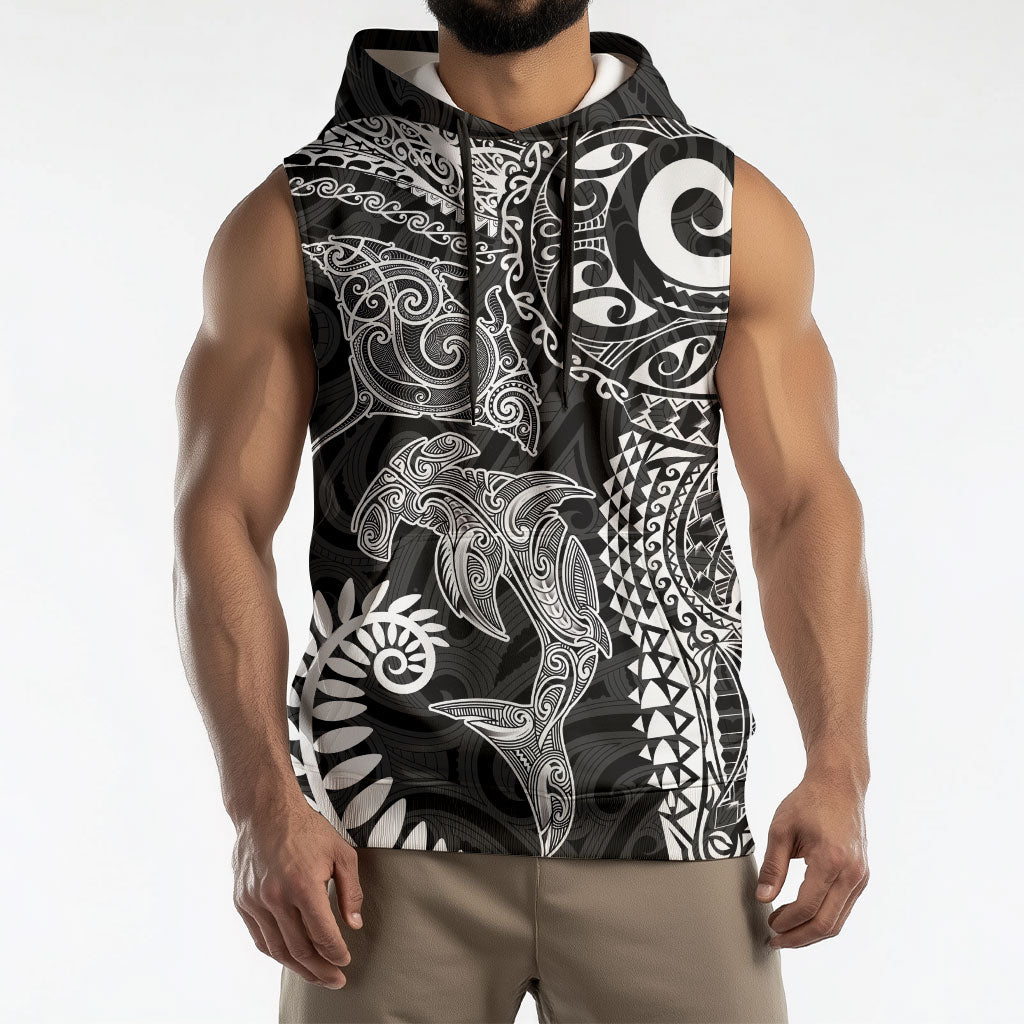 Aotearoa Maori Sea Animals Tribal Sleeveless Hoodie Manta Ray and Shark Moko Pattern Black Color LT03 - Polynesian Pride