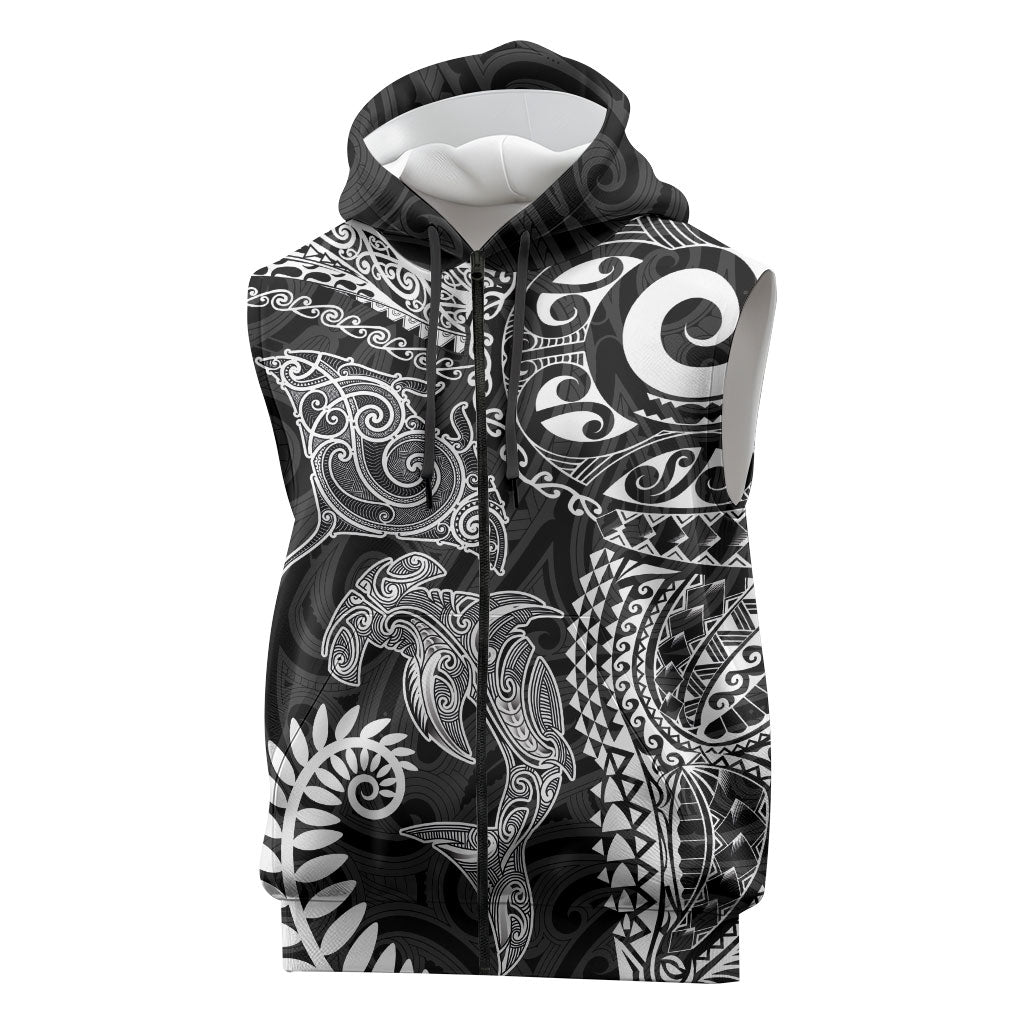 Aotearoa Maori Sea Animals Tribal Sleeveless Zip Hoodie Manta Ray and Shark Moko Pattern Black Color LT03 Black - Polynesian Pride