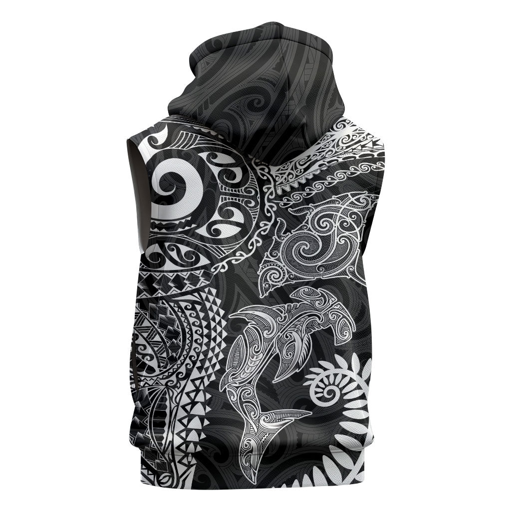 Aotearoa Maori Sea Animals Tribal Sleeveless Zip Hoodie Manta Ray and Shark Moko Pattern Black Color LT03 - Polynesian Pride