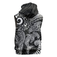 Aotearoa Maori Sea Animals Tribal Sleeveless Zip Hoodie Manta Ray and Shark Moko Pattern Black Color LT03 - Polynesian Pride