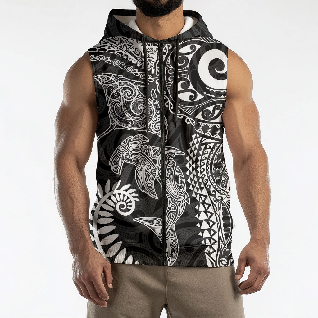 Aotearoa Maori Sea Animals Tribal Sleeveless Zip Hoodie Manta Ray and Shark Moko Pattern Black Color LT03 - Polynesian Pride