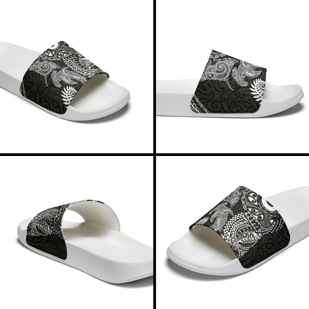 Aotearoa Maori Sea Animals Tribal Slide Sandals Manta Ray and Shark Moko Pattern Black Color