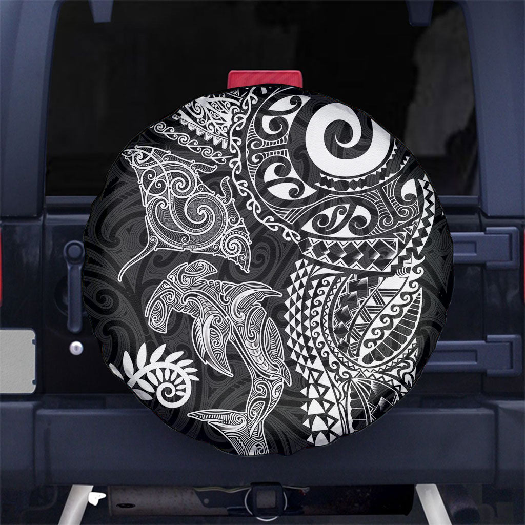 Aotearoa Maori Sea Animals Tribal Spare Tire Cover Manta Ray and Shark Moko Pattern Black Color LT03 No hole Black - Polynesian Pride