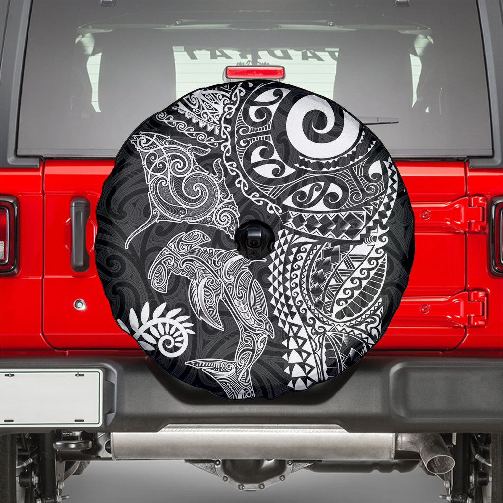 Aotearoa Maori Sea Animals Tribal Spare Tire Cover Manta Ray and Shark Moko Pattern Black Color LT03 - Polynesian Pride