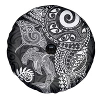 Aotearoa Maori Sea Animals Tribal Spare Tire Cover Manta Ray and Shark Moko Pattern Black Color LT03 - Polynesian Pride