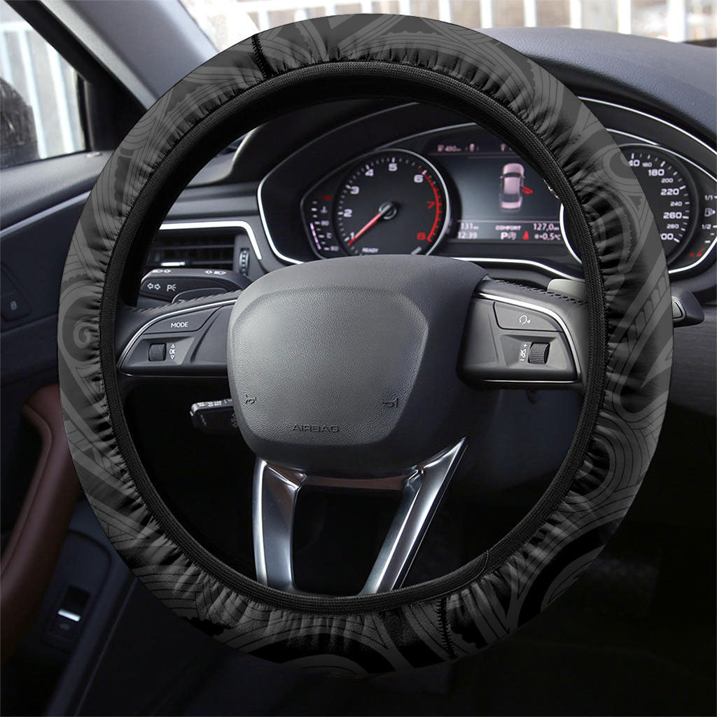 Aotearoa Maori Sea Animals Tribal Steering Wheel Cover Manta Ray and Shark Moko Pattern Black Color LT03 - Polynesian Pride