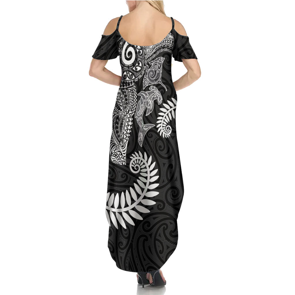 Aotearoa Maori Sea Animals Tribal Summer Maxi Dress Manta Ray and Shark Moko Pattern Black Color LT03 - Polynesian Pride