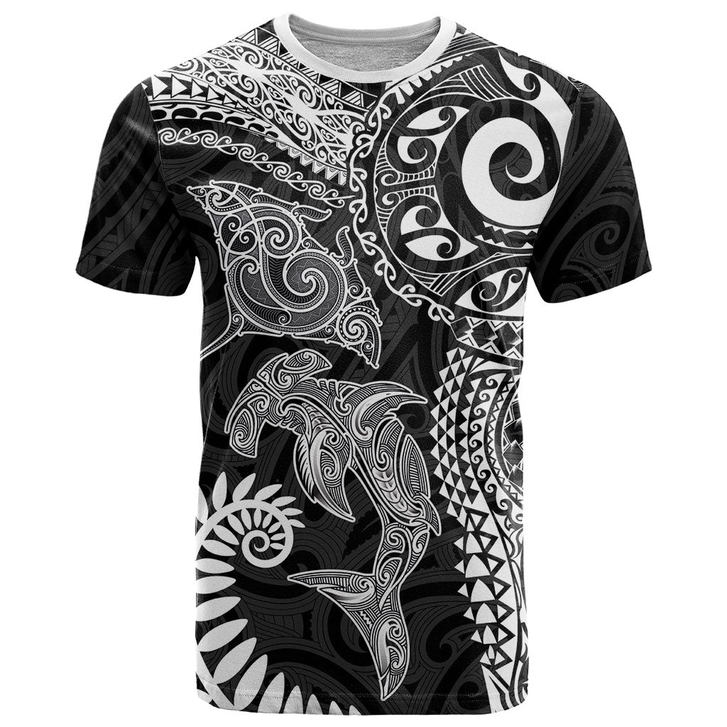 Aotearoa Maori Sea Animals Tribal T Shirt Manta Ray and Shark Moko Pattern Black Color LT03 Black - Polynesian Pride