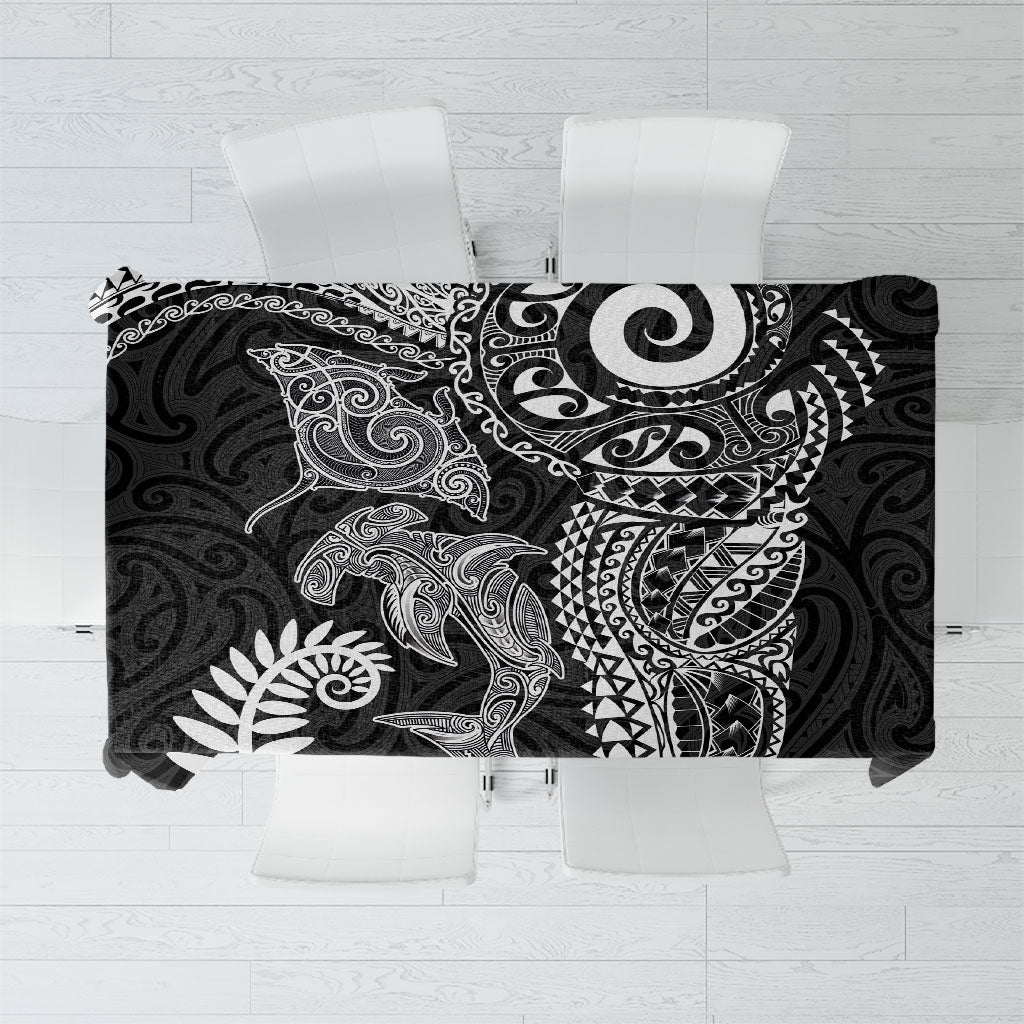 Aotearoa Maori Sea Animals Tribal Tablecloth Manta Ray and Shark Moko Pattern Black Color LT03 Black - Polynesian Pride