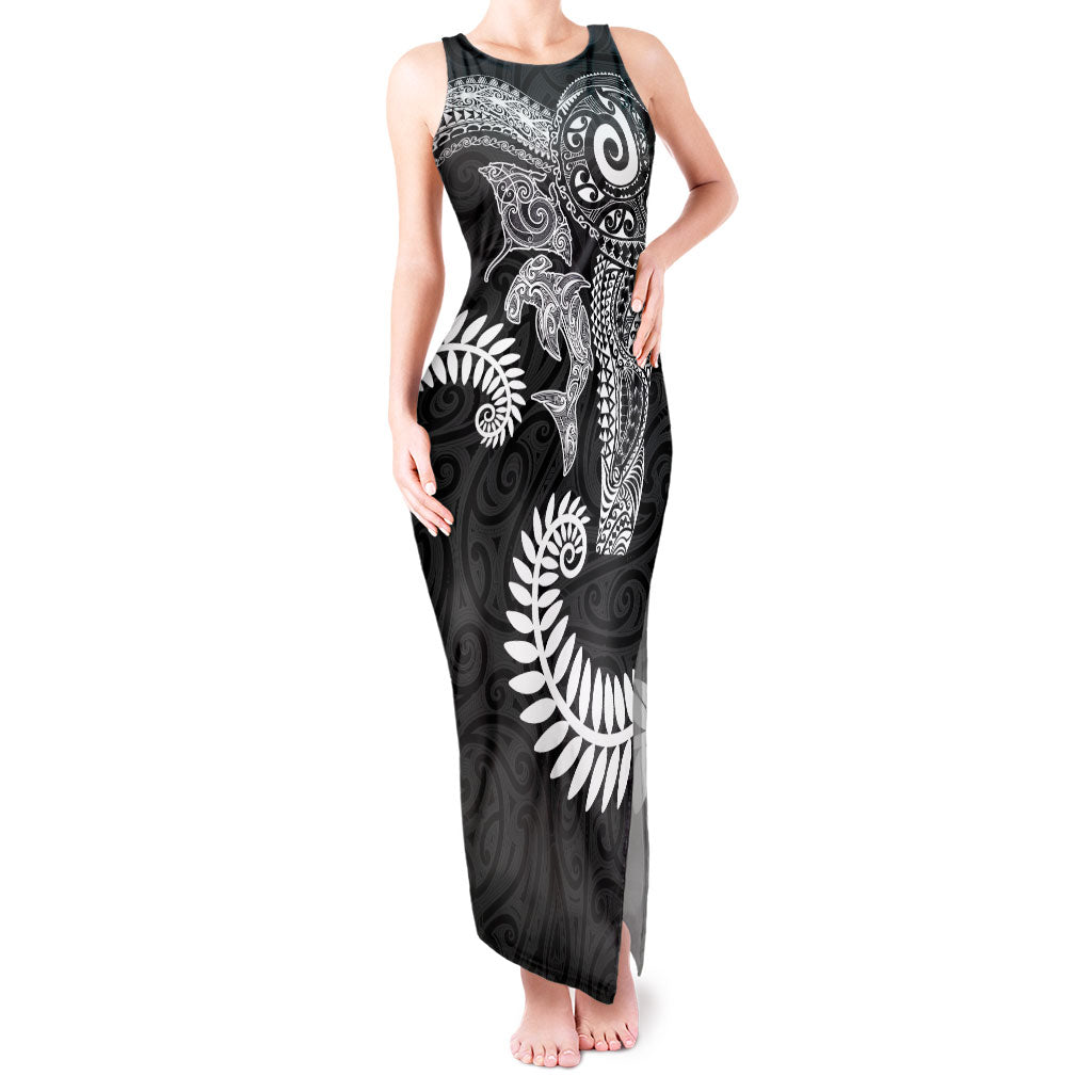 Aotearoa Maori Sea Animals Tribal Tank Maxi Dress Manta Ray and Shark Moko Pattern Black Color LT03 Women Black - Polynesian Pride