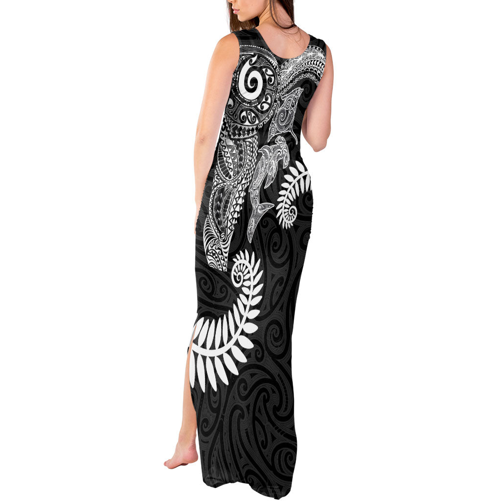 Aotearoa Maori Sea Animals Tribal Tank Maxi Dress Manta Ray and Shark Moko Pattern Black Color LT03 - Polynesian Pride