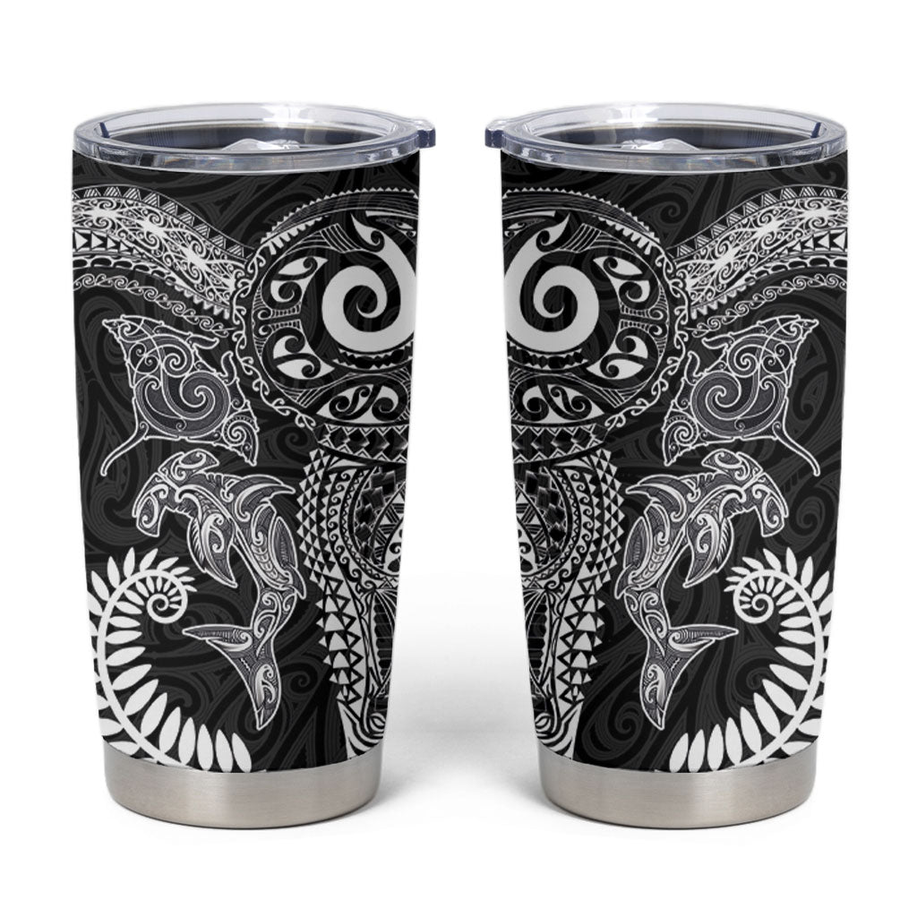 Aotearoa Maori Sea Animals Tribal Tumbler Cup Manta Ray and Shark Moko Pattern Black Color LT03 Black - Polynesian Pride