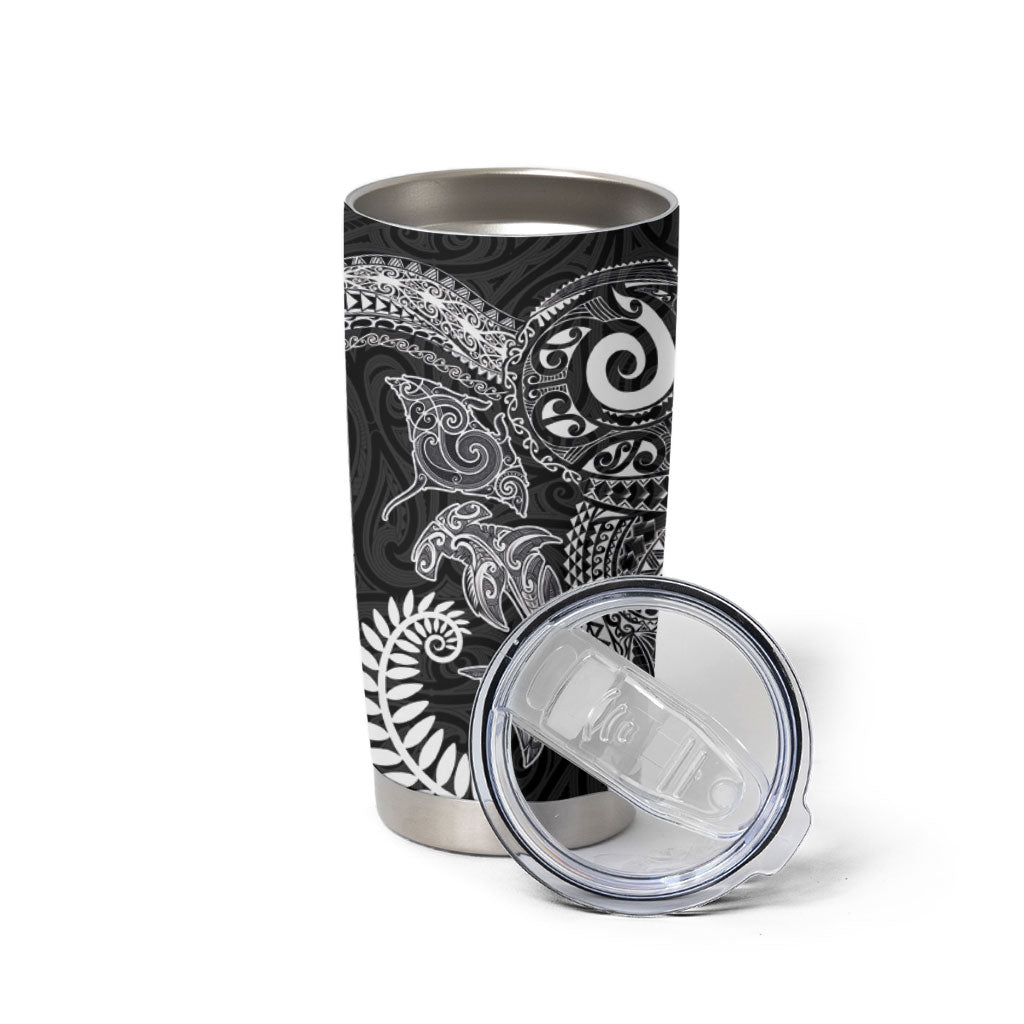 Aotearoa Maori Sea Animals Tribal Tumbler Cup Manta Ray and Shark Moko Pattern Black Color LT03 - Polynesian Pride