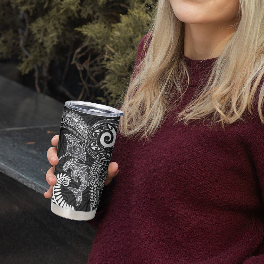 Aotearoa Maori Sea Animals Tribal Tumbler Cup Manta Ray and Shark Moko Pattern Black Color LT03 - Polynesian Pride