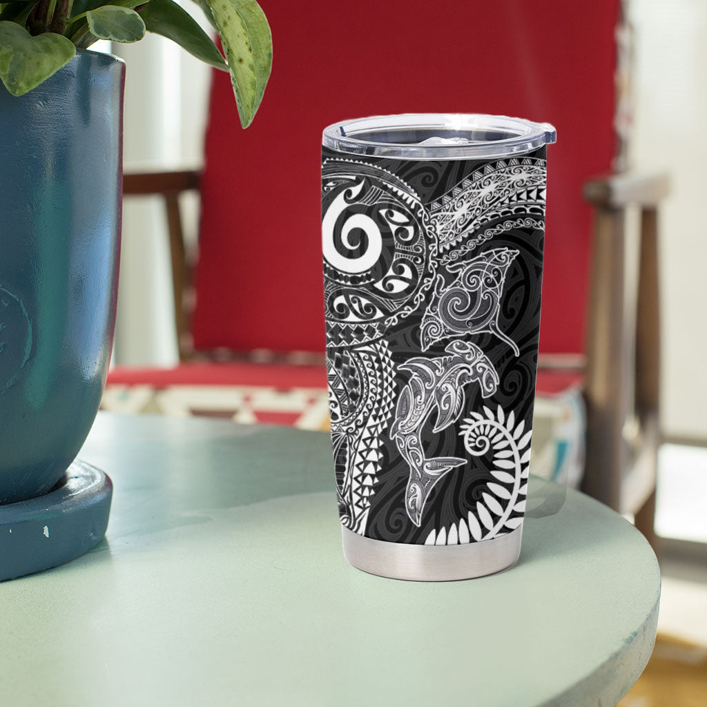 Aotearoa Maori Sea Animals Tribal Tumbler Cup Manta Ray and Shark Moko Pattern Black Color LT03 - Polynesian Pride