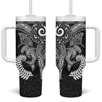 Aotearoa Maori Sea Animals Tribal Tumbler With Handle Manta Ray and Shark Moko Pattern Black Color LT03 One Size: 40 oz Black - Polynesian Pride