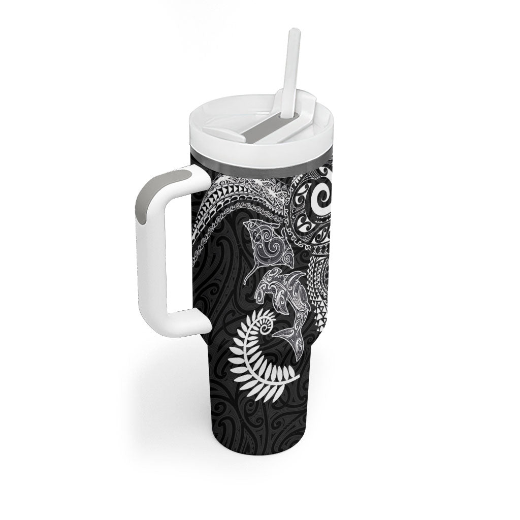 Aotearoa Maori Sea Animals Tribal Tumbler With Handle Manta Ray and Shark Moko Pattern Black Color LT03 - Polynesian Pride