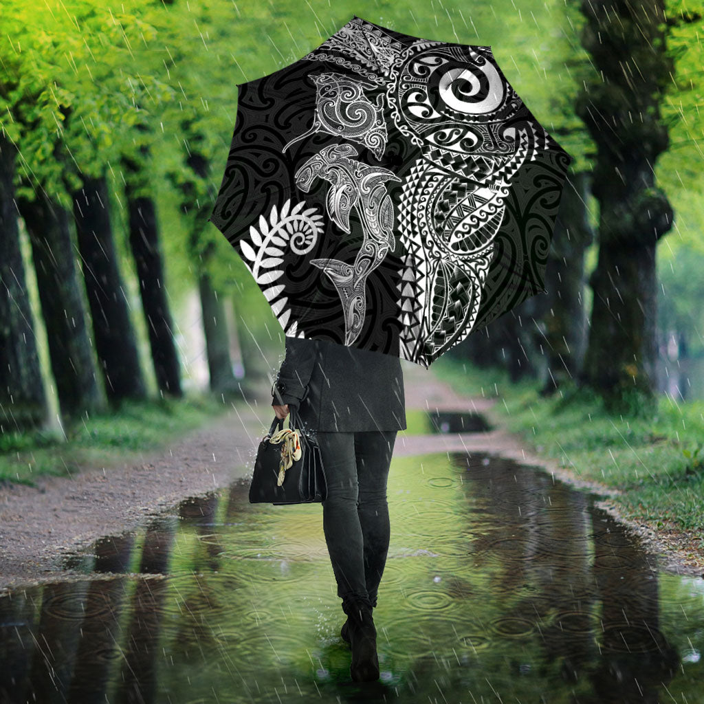 Aotearoa Maori Sea Animals Tribal Umbrella Manta Ray and Shark Moko Pattern Black Color