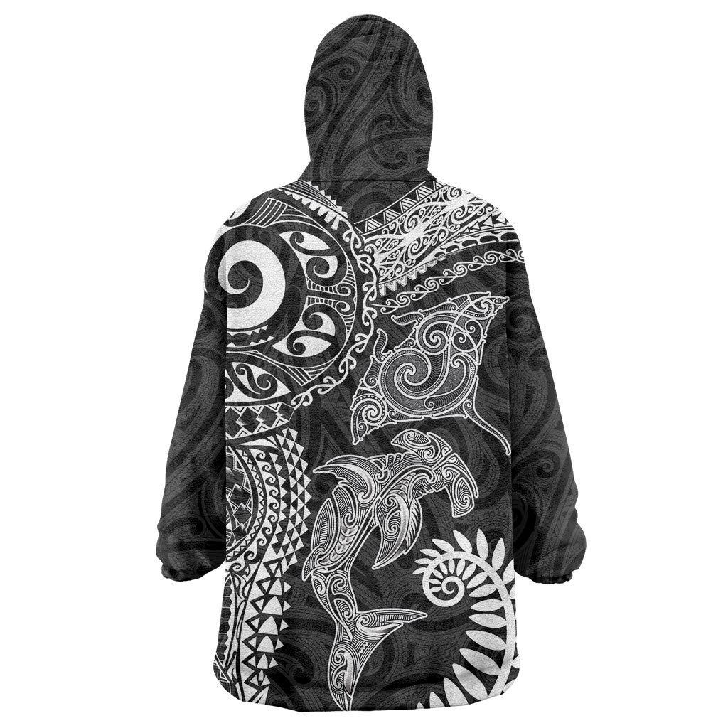 Aotearoa Maori Sea Animals Tribal Wearable Blanket Hoodie Manta Ray and Shark Moko Pattern Black Color LT03 - Polynesian Pride