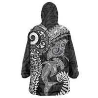 Aotearoa Maori Sea Animals Tribal Wearable Blanket Hoodie Manta Ray and Shark Moko Pattern Black Color LT03 - Polynesian Pride