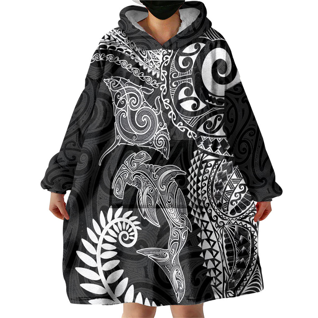 Aotearoa Maori Sea Animals Tribal Wearable Blanket Hoodie Manta Ray and Shark Moko Pattern Black Color LT03 - Polynesian Pride