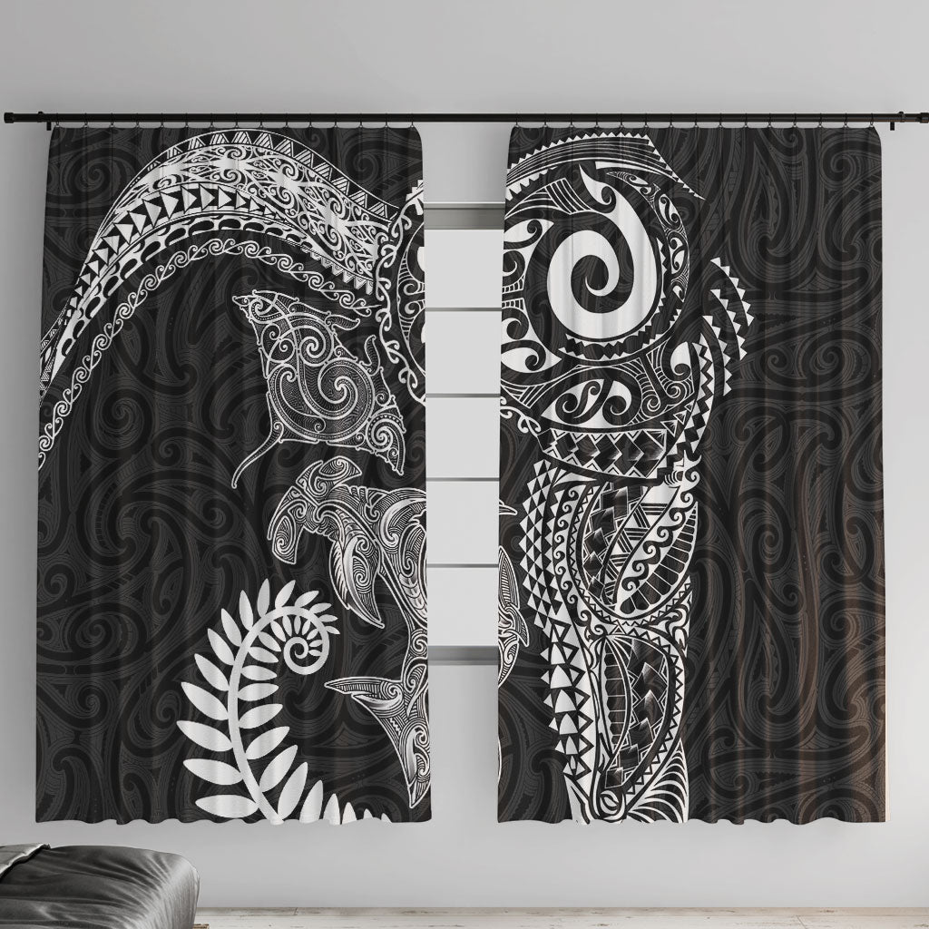 Aotearoa Maori Sea Animals Tribal Window Curtain Manta Ray and Shark Moko Pattern Black Color LT03 With Hooks Black - Polynesian Pride