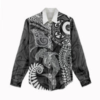 Aotearoa Maori Sea Animals Tribal Women Casual Shirt Manta Ray and Shark Moko Pattern Black Color LT03 - Polynesian Pride