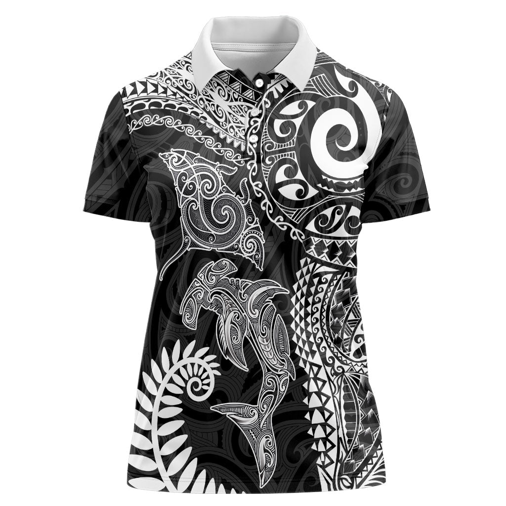 Aotearoa Maori Sea Animals Tribal Women Polo Shirt Manta Ray and Shark Moko Pattern Black Color