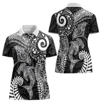 Aotearoa Maori Sea Animals Tribal Women Polo Shirt Manta Ray and Shark Moko Pattern Black Color LT03 - Polynesian Pride