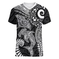 Aotearoa Maori Sea Animals Tribal Women V-Neck T-Shirt Manta Ray and Shark Moko Pattern Black Color LT03 Female Black - Polynesian Pride